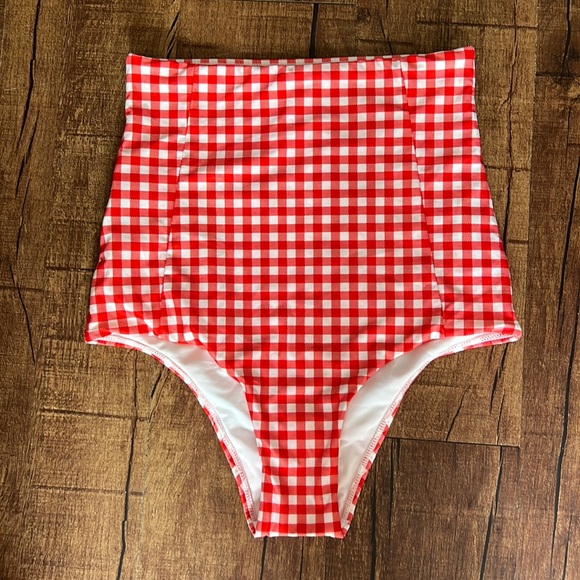 NEW Verdelimon red white checkered plaid gingham bikini high waisted bottoms S - Picture 1 of 4